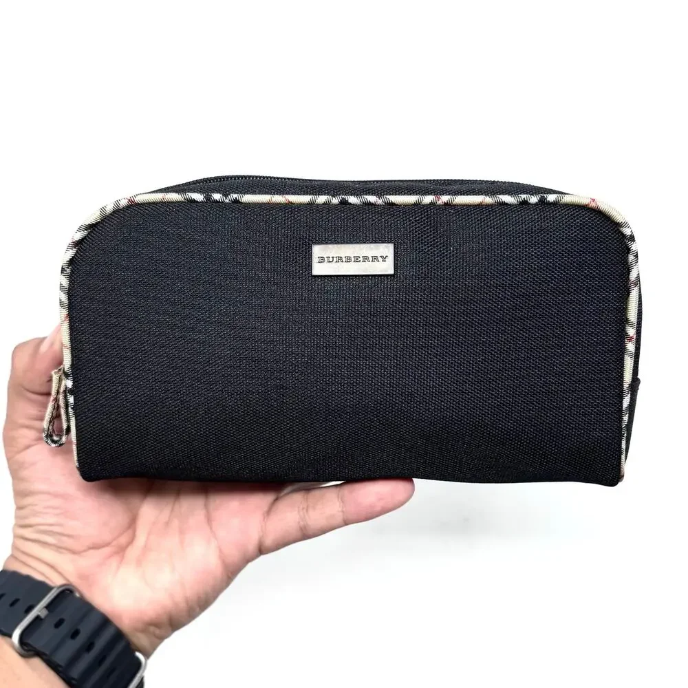 Burberry Black Canvas Zip Cosmetic Pouch with Check Trim